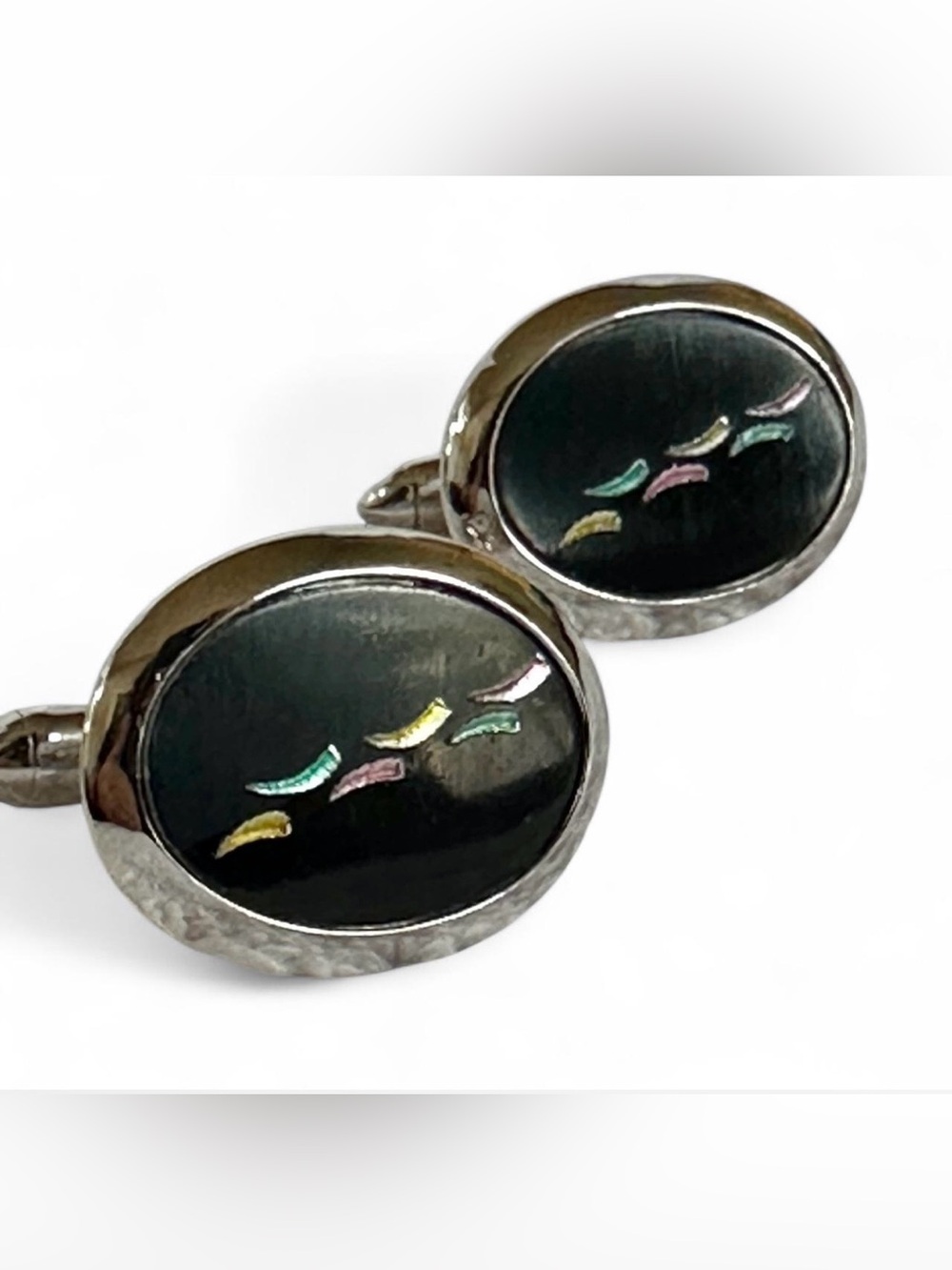 VTG MCM Swank Oval Black Enamel Cufflinks Silver Tone Multicolor Abstract Inlay